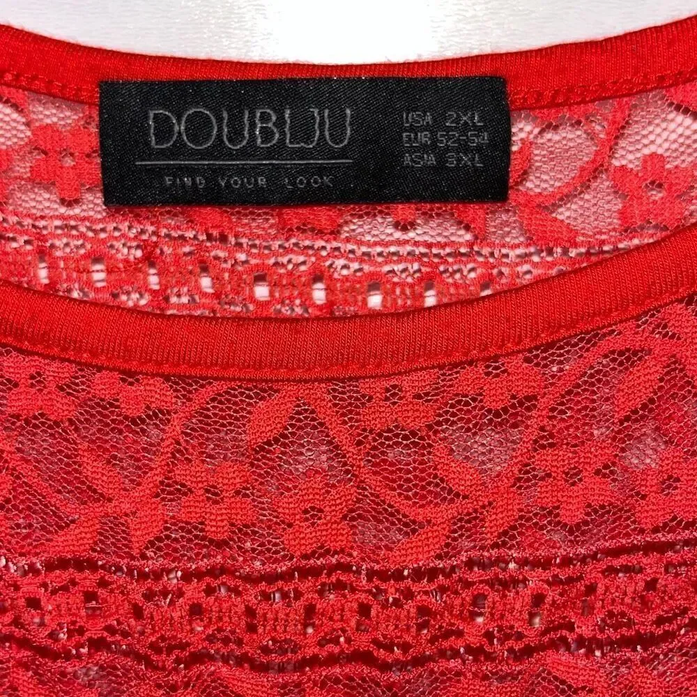 Doublju Women's Red Floral Lace Short Flutter Sleeve Pullover‎ Blouse Size 2XL